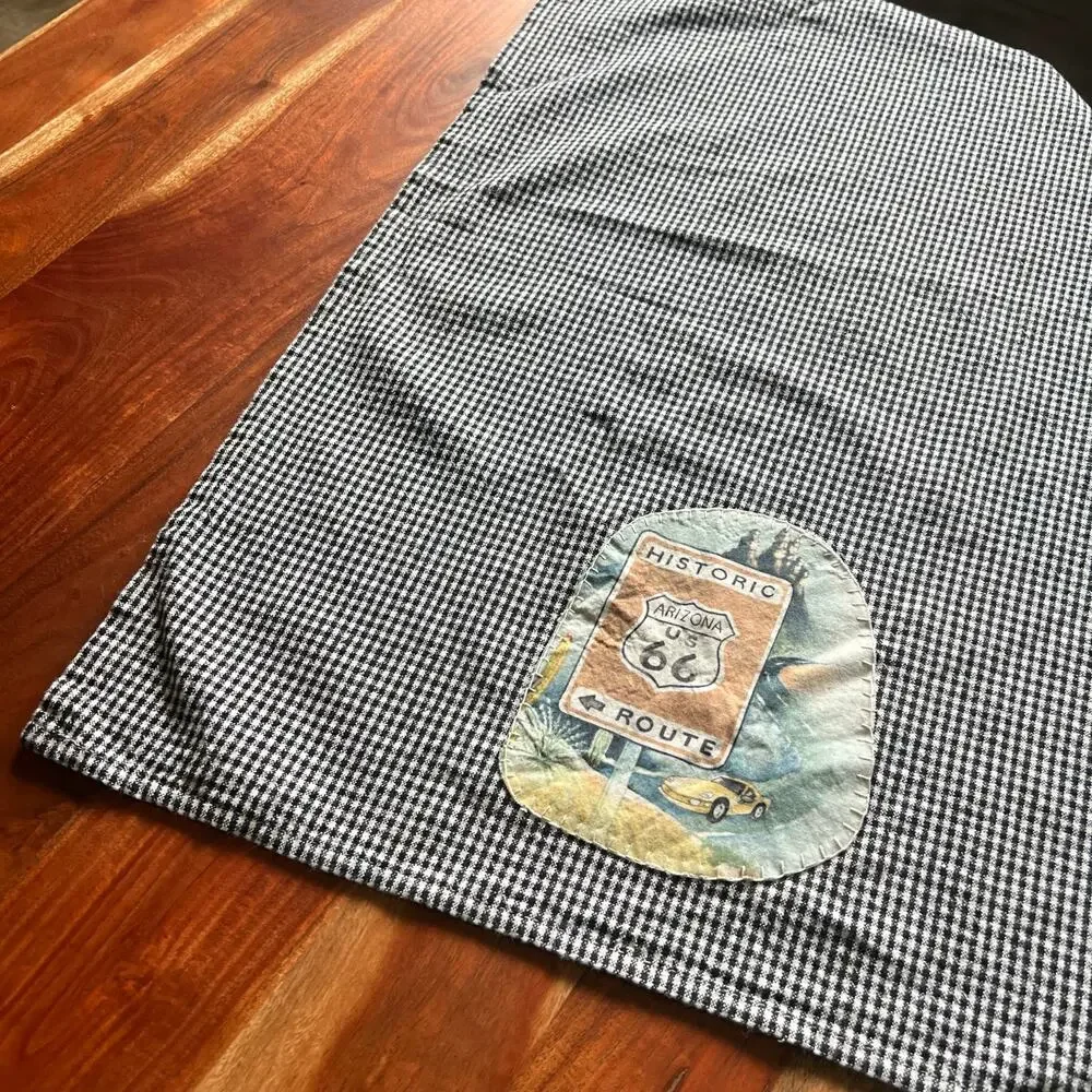 Route 66 Applique Cotton Tea Towel Gingham Farmhouse Decor Framable Art Gift